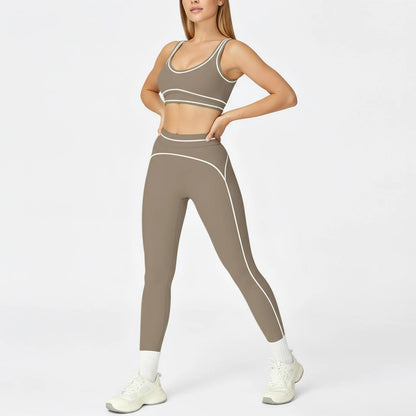Woman wearing a beige sports bra and leggings set on a white background