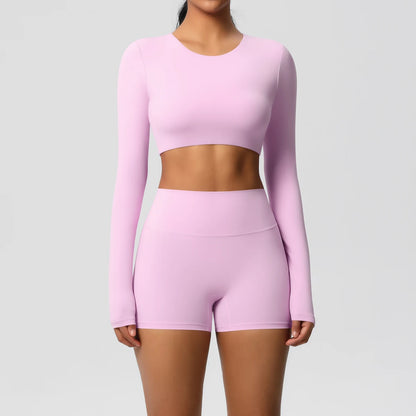 Women's 2-Piece Long Sleeve Yoga Set – High-Waisted Leggings & Crop Top Workout Outfit
