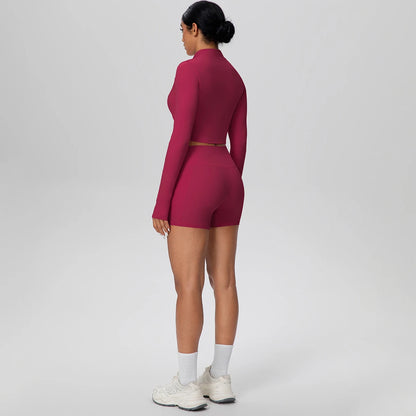 Women's Quick-Dry Running & Yoga Set – Zip-Up Jacket & Pocket Workout Shorts (2-Piece Activewear Set)