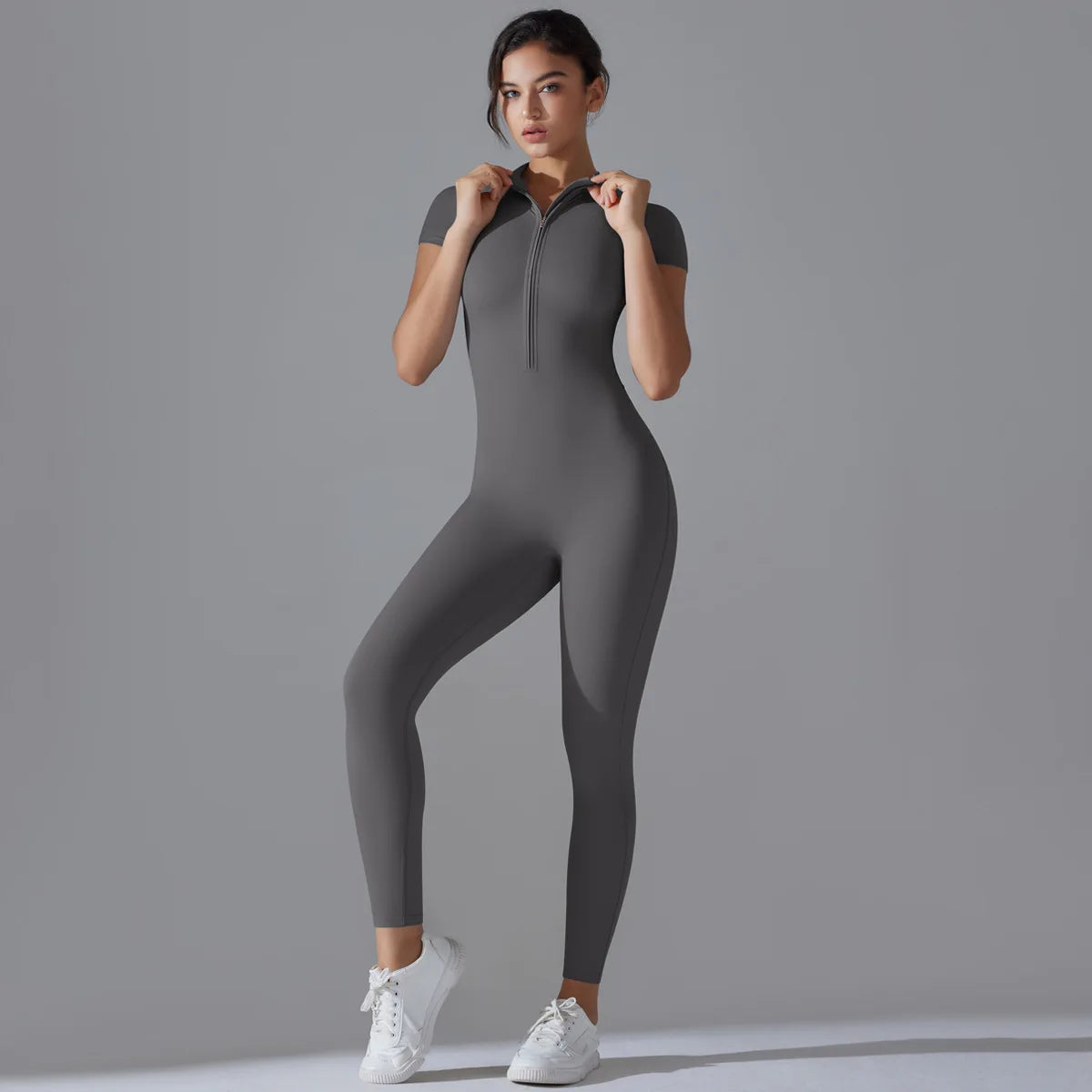Zip-Up Short Sleeve Fitness Jumpsuit