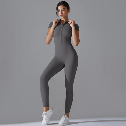 Zip-Up Short Sleeve Fitness Jumpsuit