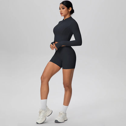 Women's Quick-Dry Running & Yoga Set – Zip-Up Jacket & Pocket Workout Shorts (2-Piece Activewear Set)