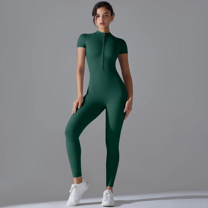 Zip-Up Short Sleeve Fitness Jumpsuit
