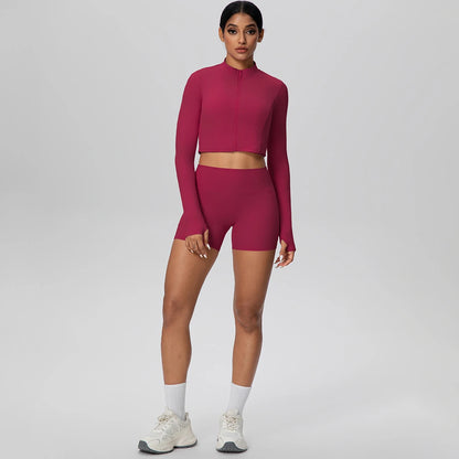 Women's Quick-Dry Running & Yoga Set – Zip-Up Jacket & Pocket Workout Shorts (2-Piece Activewear Set)