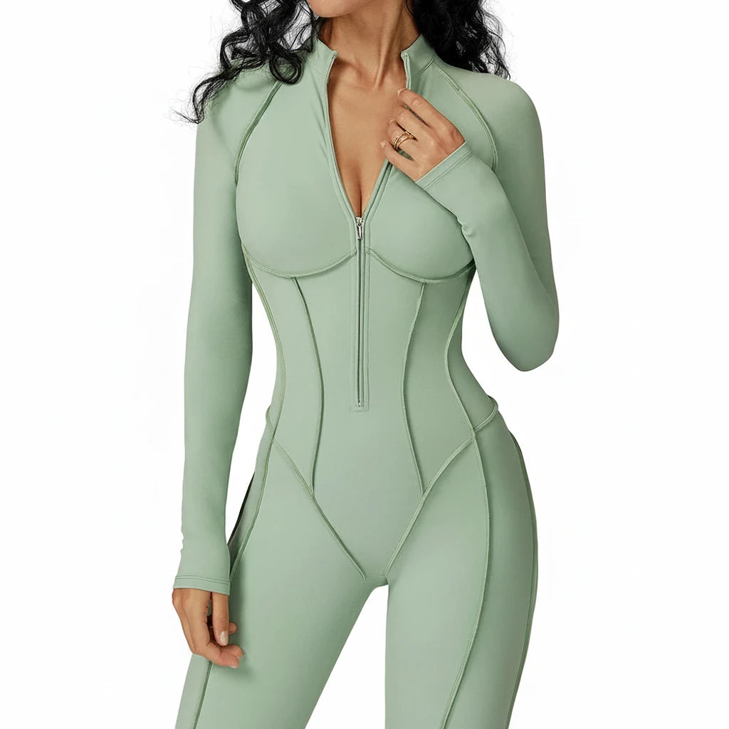 FlexSculpt Zip-Up Yoga Bodysuit – Long Sleeve Compression Jumpsuit