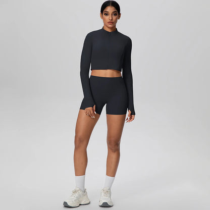 Women's Quick-Dry Running & Yoga Set – Zip-Up Jacket & Pocket Workout Shorts (2-Piece Activewear Set)