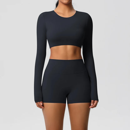 Women's 2-Piece Long Sleeve Yoga Set – High-Waisted Leggings & Crop Top Workout Outfit