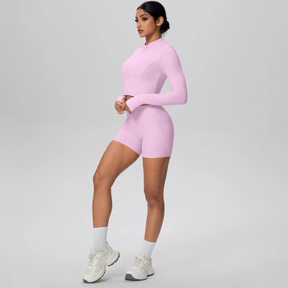 Women's Quick-Dry Running & Yoga Set – Zip-Up Jacket & Pocket Workout Shorts (2-Piece Activewear Set)