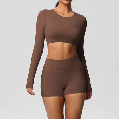 Women's 2-Piece Long Sleeve Yoga Set – High-Waisted Leggings & Crop Top Workout Outfit