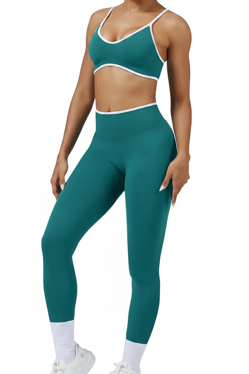 Women’s Color Block Yoga Set – Sports Bra & High-Waisted Shorts