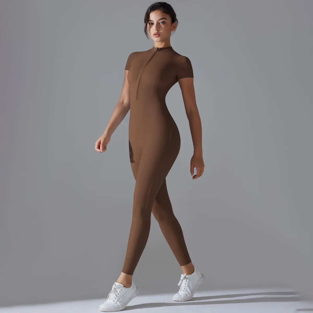 Zip-Up Short Sleeve Fitness Jumpsuit