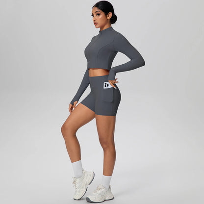 Women's Quick-Dry Running & Yoga Set – Zip-Up Jacket & Pocket Workout Shorts (2-Piece Activewear Set)