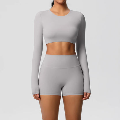 Women's 2-Piece Long Sleeve Yoga Set – High-Waisted Leggings & Crop Top Workout Outfit