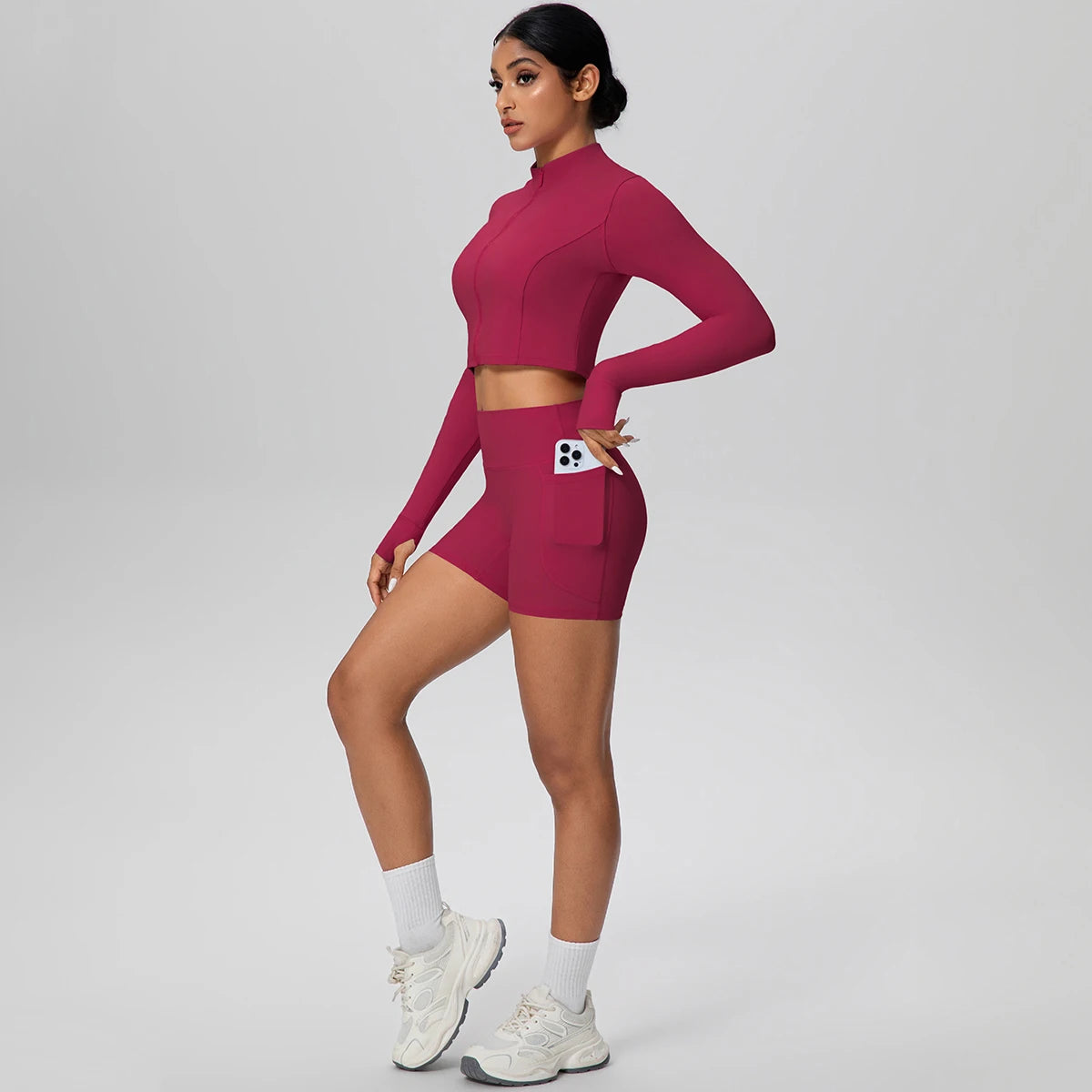 Women's Quick-Dry Running & Yoga Set – Zip-Up Jacket & Pocket Workout Shorts (2-Piece Activewear Set)