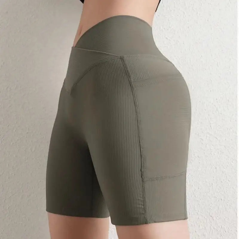 Cross-Band High-Waist Biker Shorts with Pockets