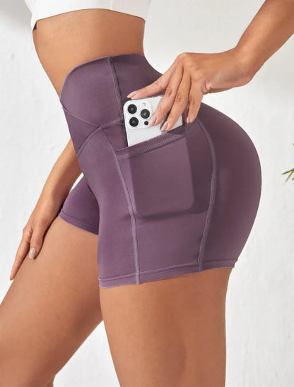 High-Waist Cross Waist Biker Shorts with Pockets