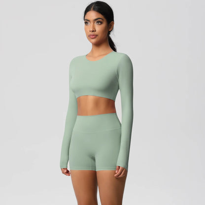 Women's 2-Piece Long Sleeve Yoga Set – High-Waisted Leggings & Crop Top Workout Outfit