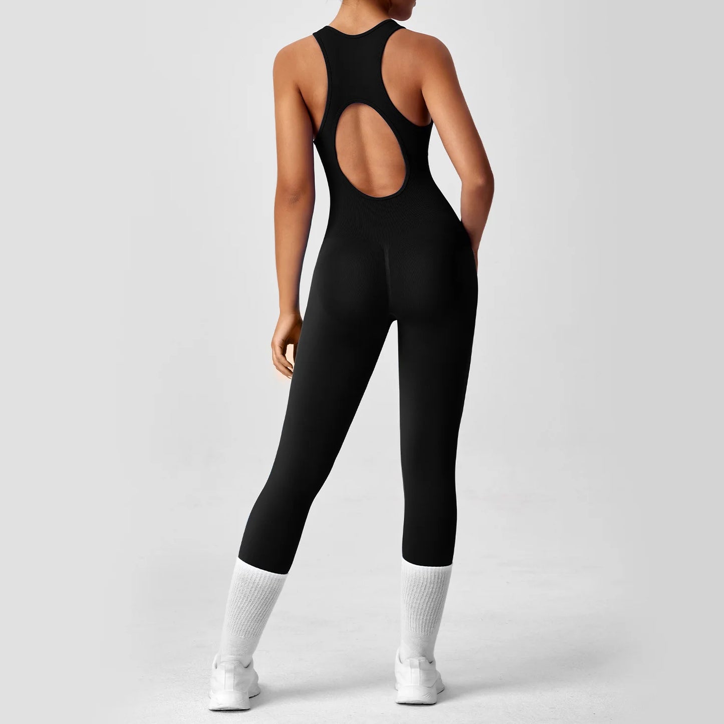 Seamless Peach Lift V-Back Yoga Jumpsuit – Tummy Control & Booty Sculpting Fit