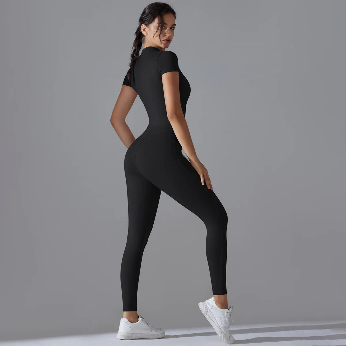 Zip-Up Short Sleeve Fitness Jumpsuit