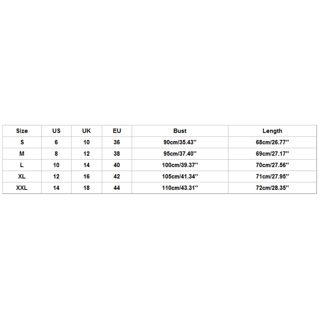 Size chart for clothing with measurements in US, UK, EU, bust, and length.