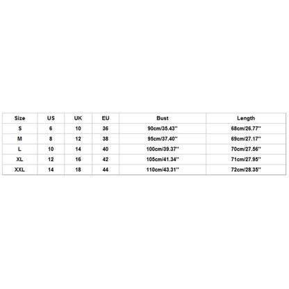 Size chart for clothing with measurements in US, UK, EU, bust, and length.