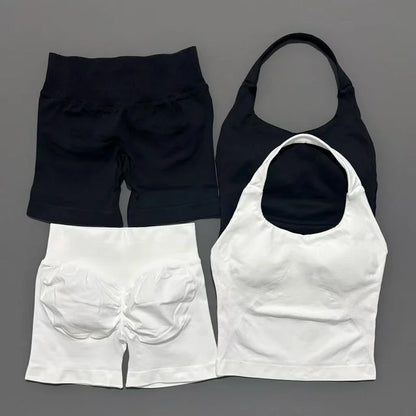 Seamless Activewear Set – Strappy Halter Sports Bra & Shorts
