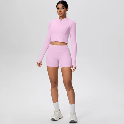 Women's Quick-Dry Running & Yoga Set – Zip-Up Jacket & Pocket Workout Shorts (2-Piece Activewear Set)