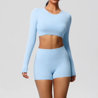 Women's 2-Piece Long Sleeve Yoga Set – High-Waisted Leggings & Crop Top Workout Outfit