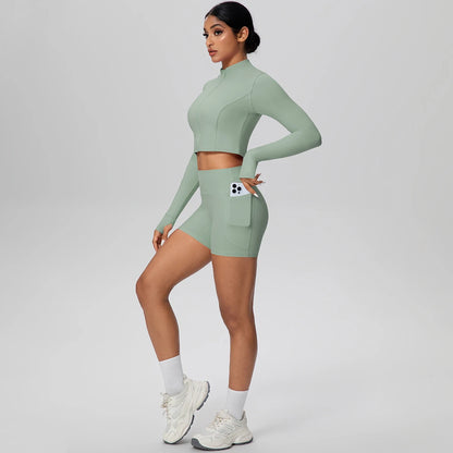 Women's Quick-Dry Running & Yoga Set – Zip-Up Jacket & Pocket Workout Shorts (2-Piece Activewear Set)