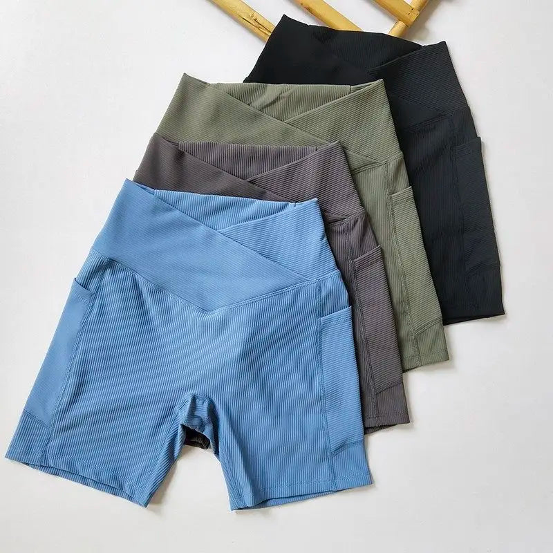 Cross-Band High-Waist Biker Shorts with Pockets