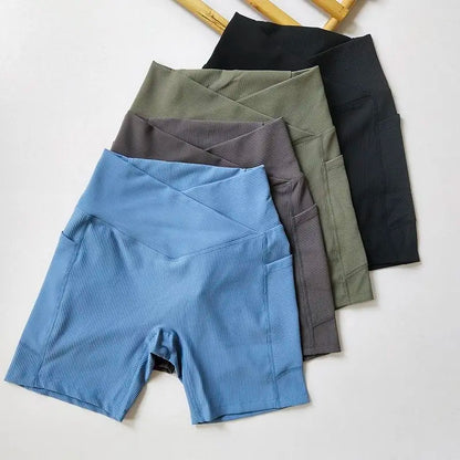 Cross-Band High-Waist Biker Shorts with Pockets