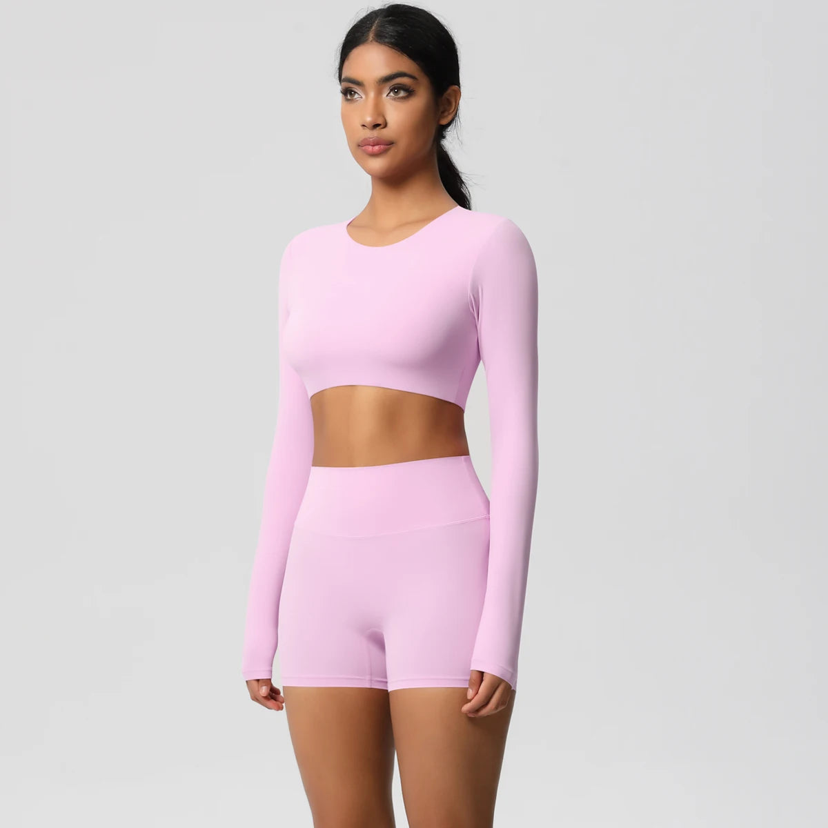 Women's 2-Piece Long Sleeve Yoga Set – High-Waisted Leggings & Crop Top Workout Outfit