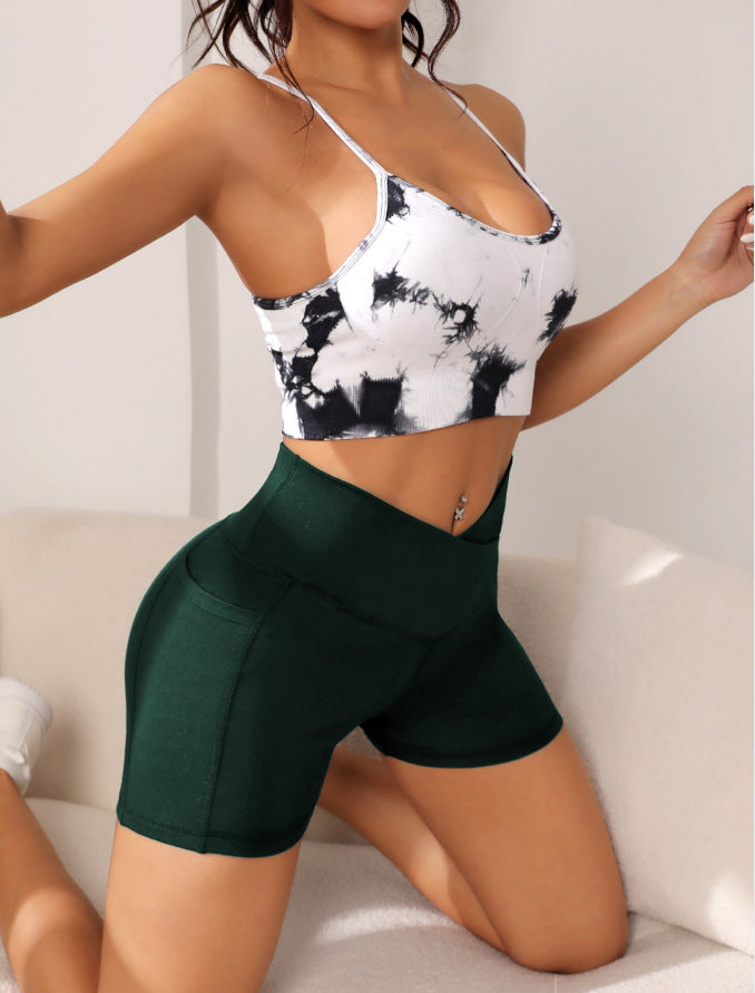 High-Waist Cross Waist Biker Shorts with Pockets