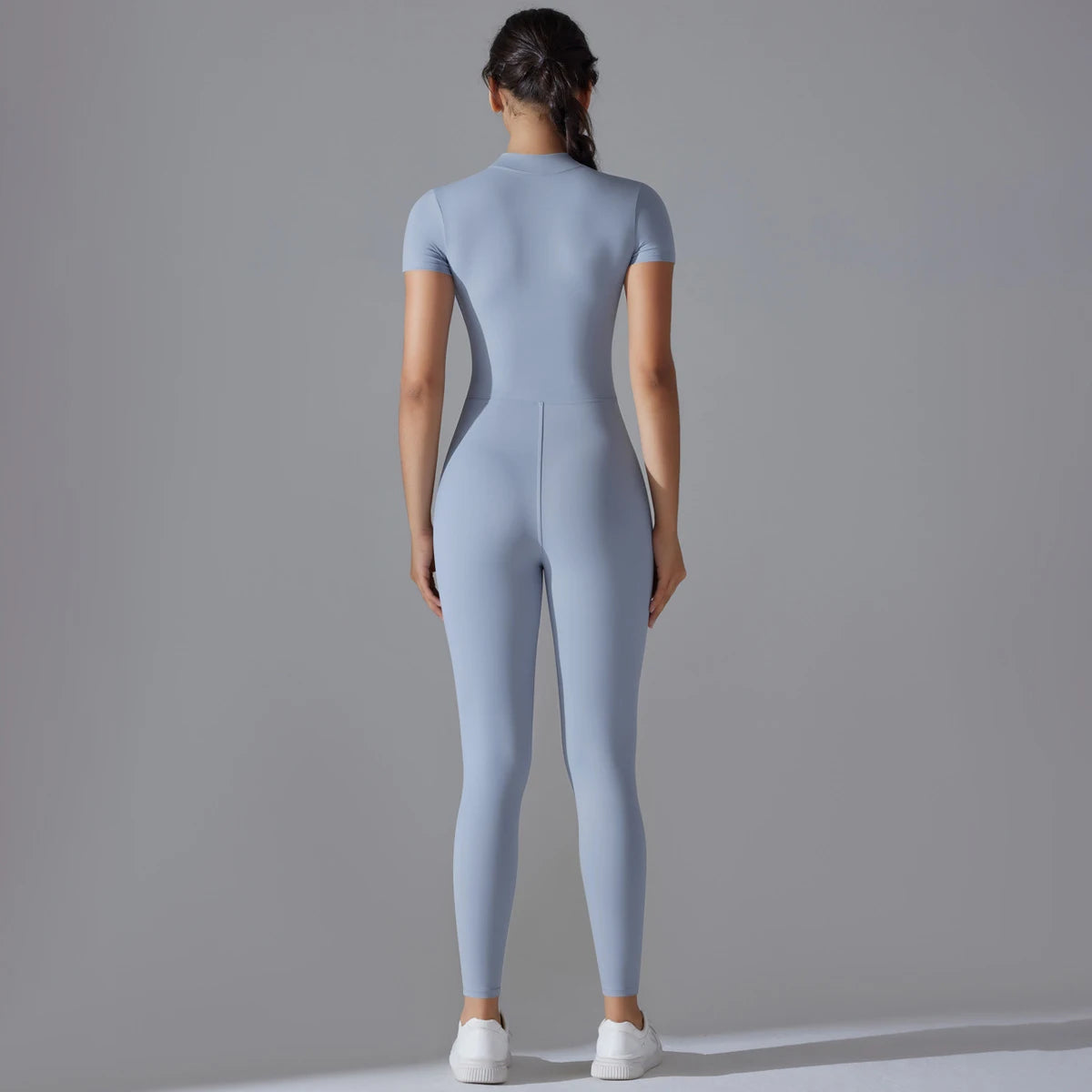 Zip-Up Short Sleeve Fitness Jumpsuit