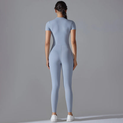 Zip-Up Short Sleeve Fitness Jumpsuit