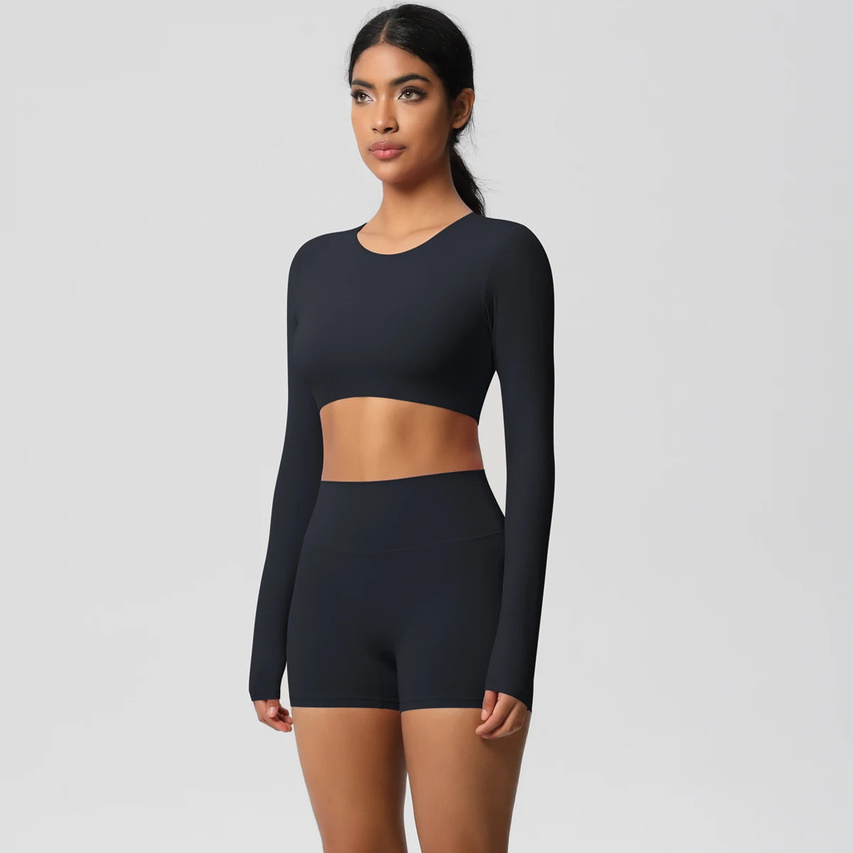 Women's 2-Piece Long Sleeve Yoga Set – High-Waisted Leggings & Crop Top Workout Outfit