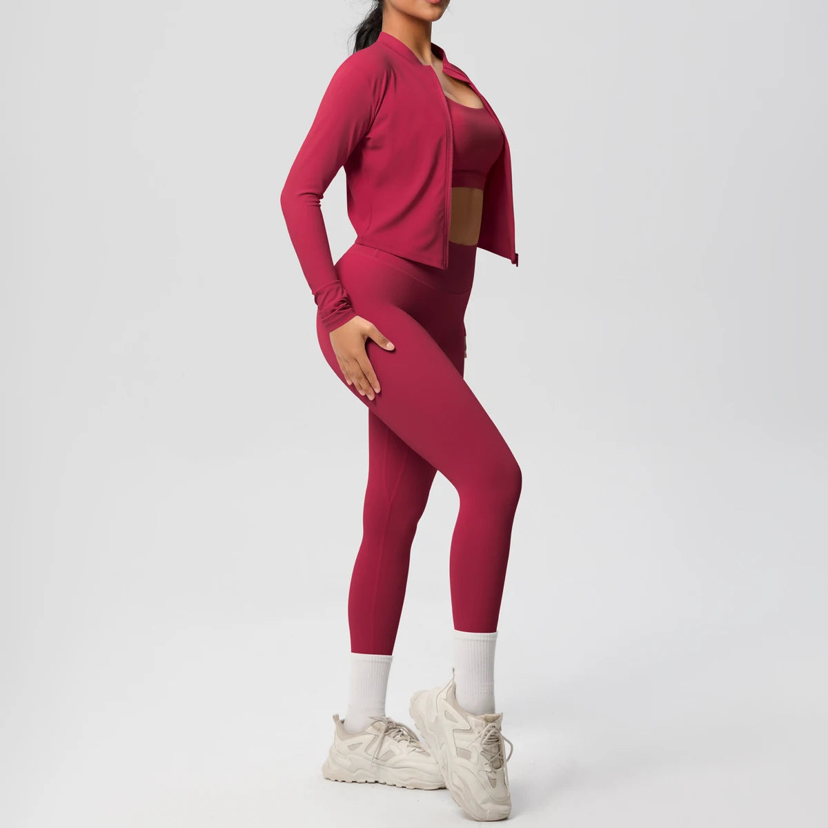 3-Piece SculptFit Yoga Set – Sports Bra, Zip Jacket & Leggings