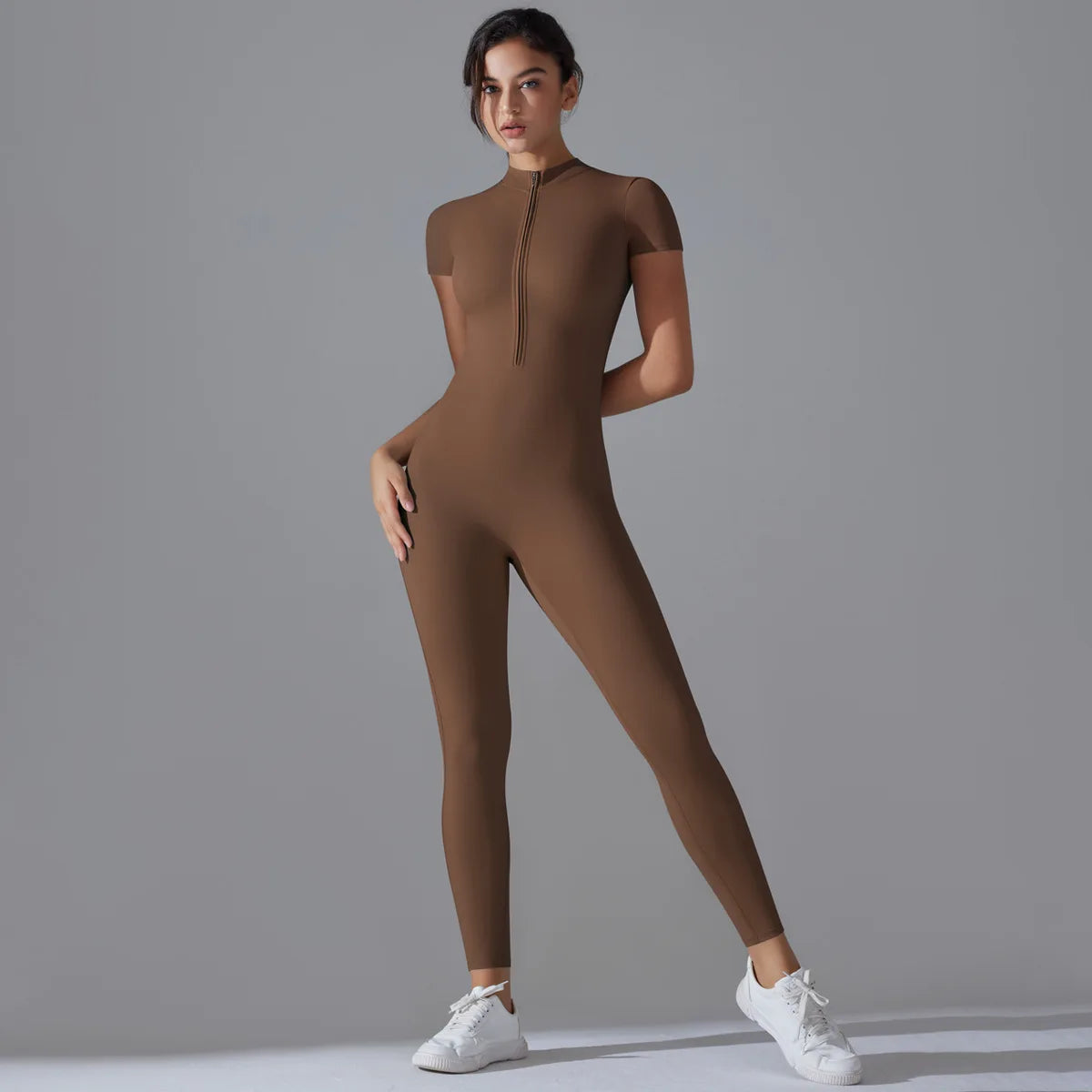 Zip-Up Short Sleeve Fitness Jumpsuit