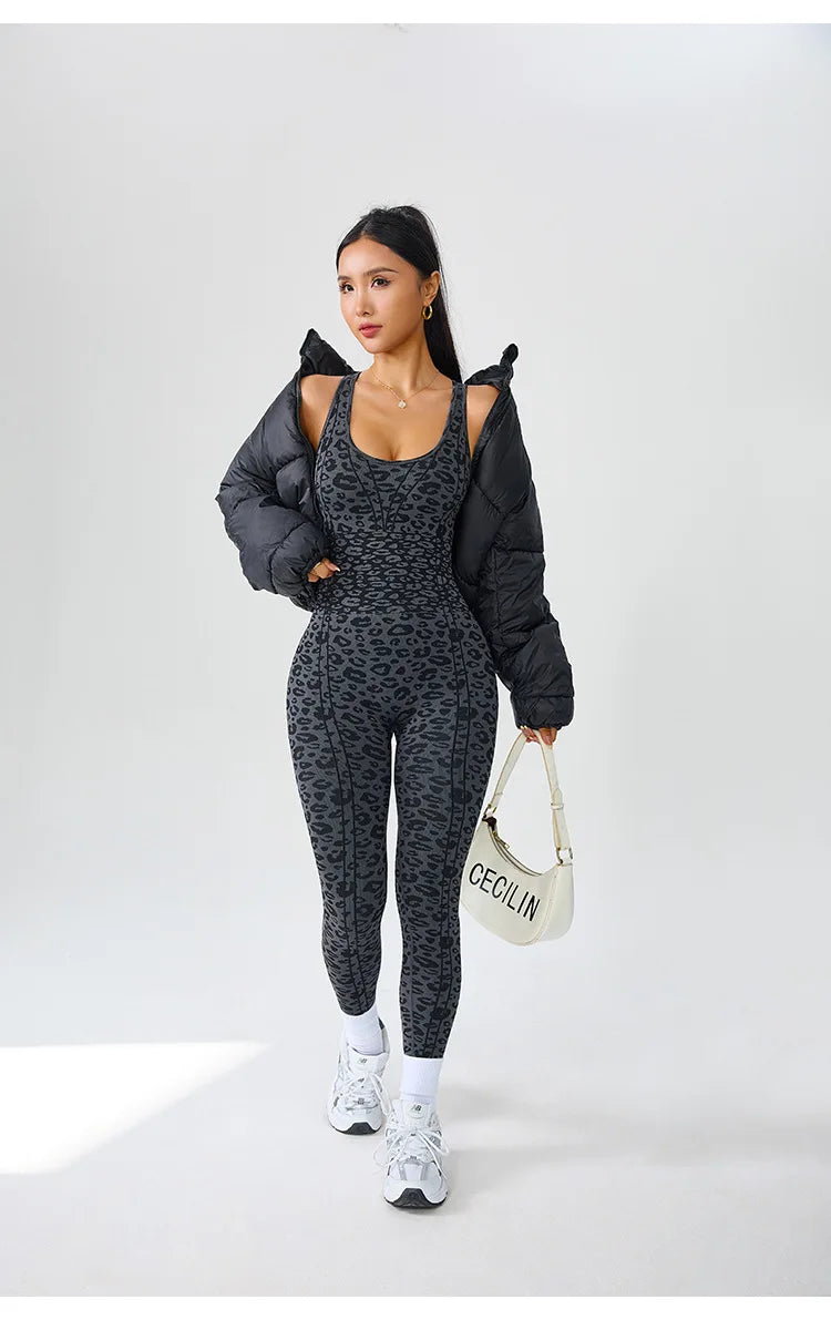 Women's Seamless Leopard Print Cross-Back Jumpsuit – High-Stretch Sculpting Workout One-Piece