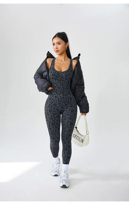 Women's Seamless Leopard Print Cross-Back Jumpsuit – High-Stretch Sculpting Workout One-Piece