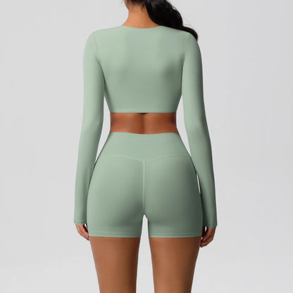 Women's 2-Piece Long Sleeve Yoga Set – High-Waisted Leggings & Crop Top Workout Outfit