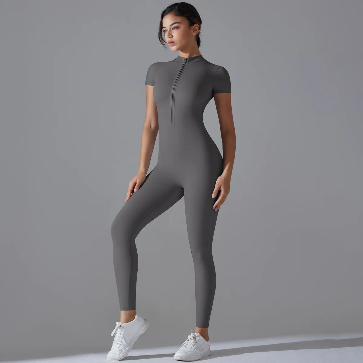 Zip-Up Short Sleeve Fitness Jumpsuit