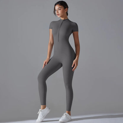 Zip-Up Short Sleeve Fitness Jumpsuit