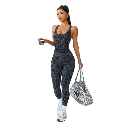 Women's Seamless Leopard Print Cross-Back Jumpsuit – High-Stretch Sculpting Workout One-Piece