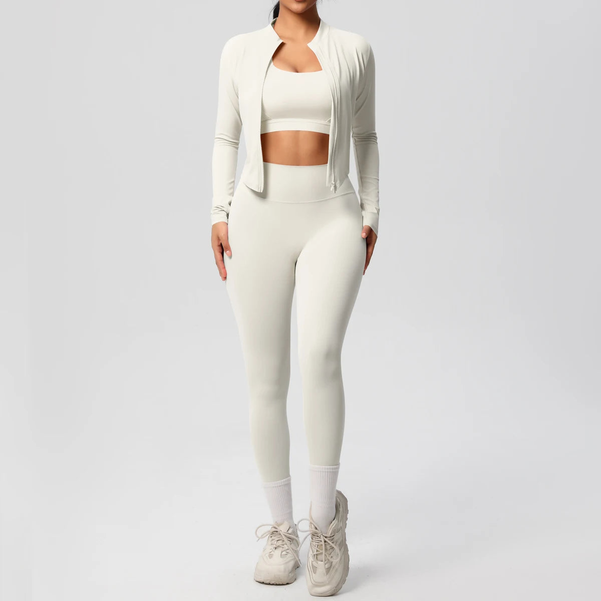 3-Piece SculptFit Yoga Set – Sports Bra, Zip Jacket & Leggings
