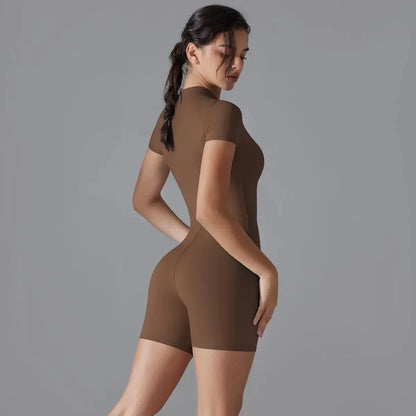 Zip-Up Short Sleeve Yoga Jumpsuit