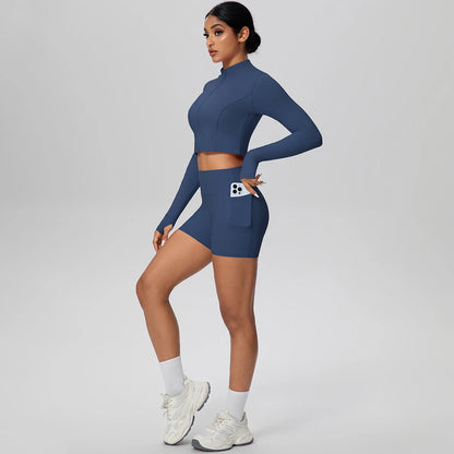 Women's Quick-Dry Running & Yoga Set – Zip-Up Jacket & Pocket Workout Shorts (2-Piece Activewear Set)