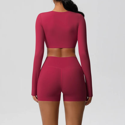 Women's 2-Piece Long Sleeve Yoga Set – High-Waisted Leggings & Crop Top Workout Outfit
