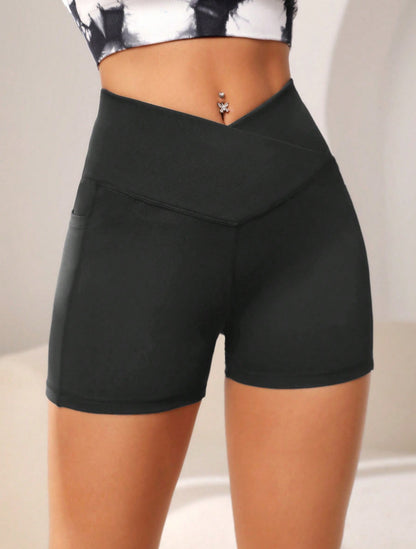 High-Waist Cross Waist Biker Shorts with Pockets