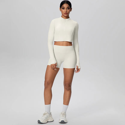 Women's Quick-Dry Running & Yoga Set – Zip-Up Jacket & Pocket Workout Shorts (2-Piece Activewear Set)